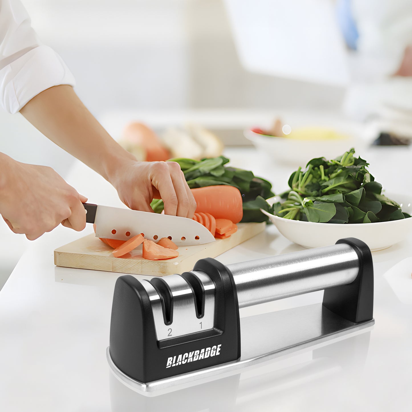 BLACKBADGE Manual Knife Sharpener, 2-Stage Preset Kitchen Knife Sharpener, Coarse & Fine Slots Knife Sharpeners for Kitchen Knives (Black)